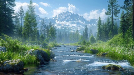 Fantasy world. Clear rivers and mountain background. Surreal Landscapes and Natural Wonders.