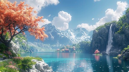 Fantasy world. Waterfalls on high cliffs fill the lake with a mountainous backdrop. Surreal Landscapes and Natural Wonders. - obrazy, fototapety, plakaty