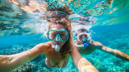 Naklejka premium Happy young women in snorkeling mask dive under turquoise water with fishes in coral reef sea pool. Travel lifestyle, water sport outdoor adventure, swimming or diving lesson on summer beach holidays