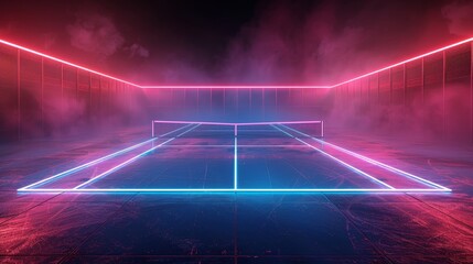 3D render of glowing neon tennis court on black background, in the style of dynamic