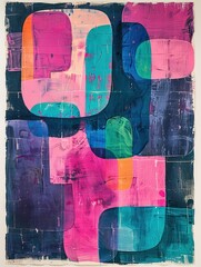 Background with pink, turquoise blue and green shapes Acrylic mono print painting
