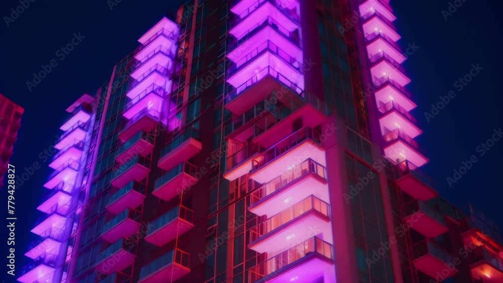 Aufkleber a photo of a sleek highrise apartment complex with its balconies and windows aglow with neon lights.