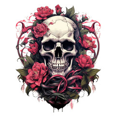 Watercolor Dead skull With rose flower  t-shirt design isolated on transparent background . T shirt print design , illustration