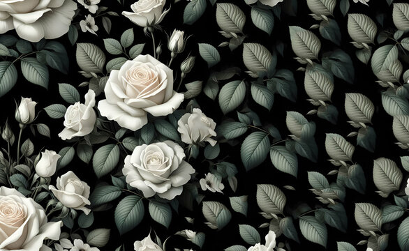 Close up of white roses on black background created using generative ai technology