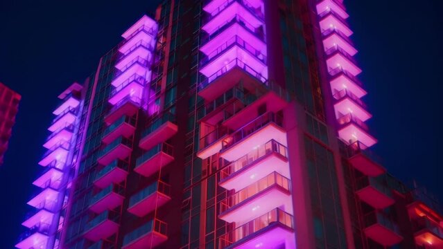 A photo of a sleek highrise apartment complex with its balconies and windows aglow with neon lights. The lights which change color in a mesmerizing pattern accentuate the