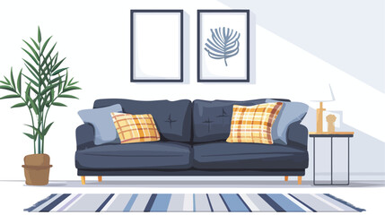 Interior poster mock up with couch plaid and pillow on
