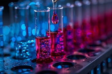 A drop of blue liquid is carefully poured into a test tube, creating a vibrant purple hue. The stemware is filled with fluid, transforming it into a colorful drink