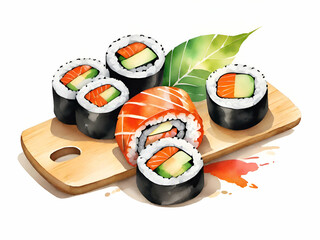 Maki Sushi Rolls on wood  board isolated on pastel White background 