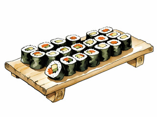 Maki Sushi Rolls on wood  board isolated on pastel White background 
