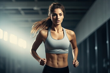 Fototapeta na wymiar Dynamic Young Female Athlete Sprinting with Focus and Determination in a Gym