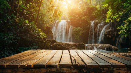 Golden hour on a wooden platform background by a picturesque waterfall - obrazy, fototapety, plakaty