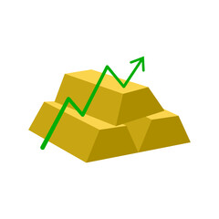Gold prices rising and reach new highs. Illustration of gold bars with arrow symbol.