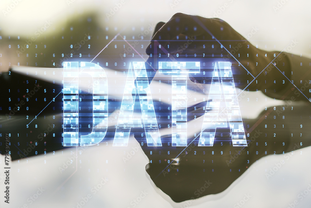 Poster creative data word hologram and finger clicks on a digital tablet on background, big data and blockc