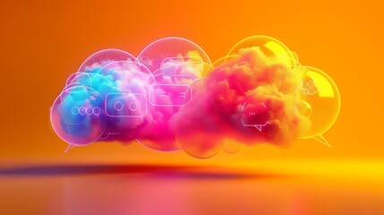 A 3D render of colorful cloud with glowing neon speech bubbles