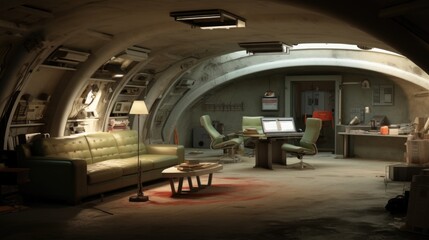 Vintage styled interior of a futuristic concept habitat.