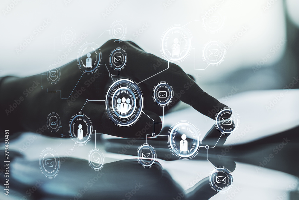Poster double exposure of social network icons concept and hand working with a digital tablet on background
