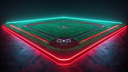 A 3D render of glowing neon baseball field on black background, in the style of electric green and intense red