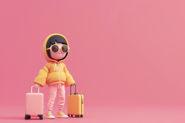 3D style cute cartoon character of a person going on vacation holding a suitcase