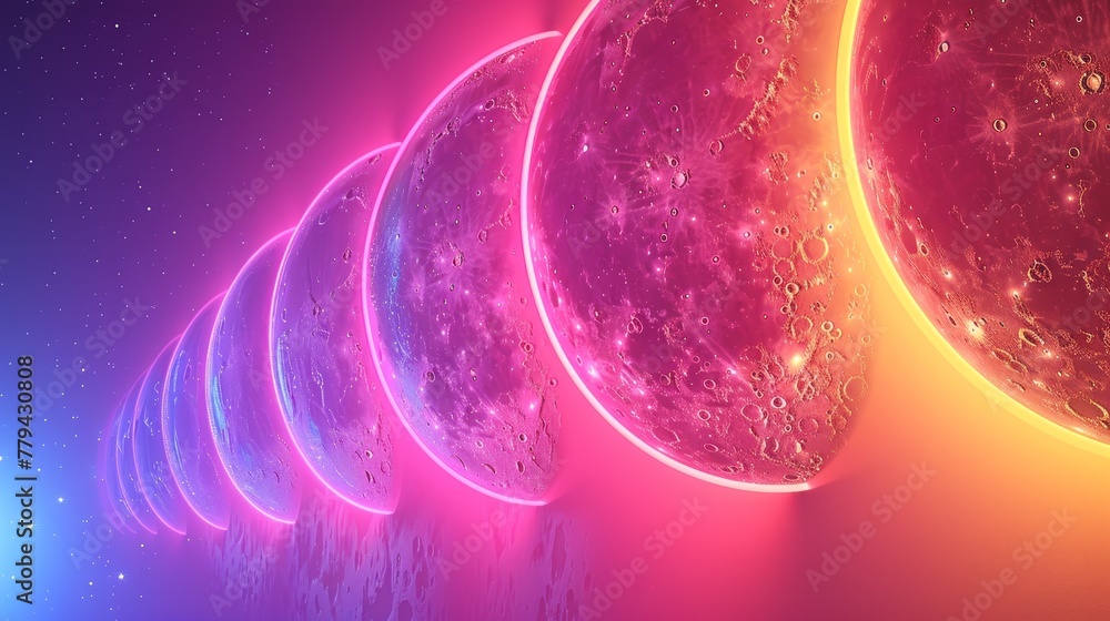 Aufkleber a 3d render of glowing neon moons against a background of random color