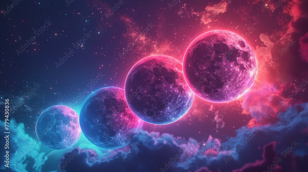Aufkleber a 3d render of glowing neon moons against a background of random color