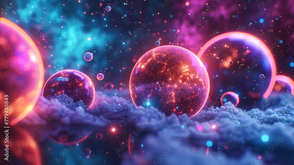 Aufkleber a 3d render of glowing neon planets against a background of random color