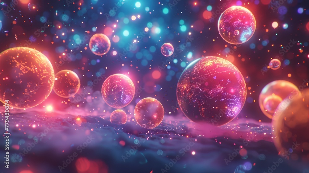 Poster a 3d render of glowing neon planets against a background of random color