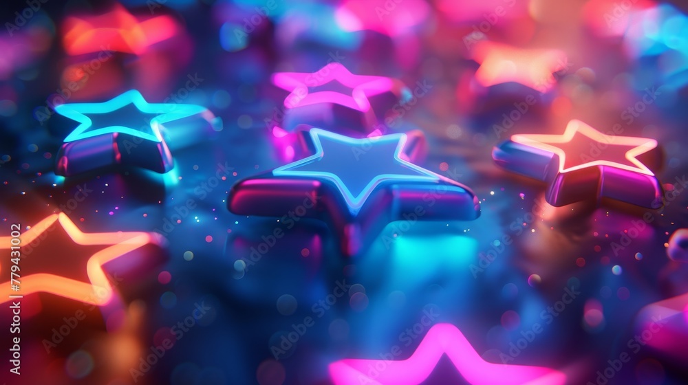 Aufkleber a 3d render of glowing neon stars against a background of random color