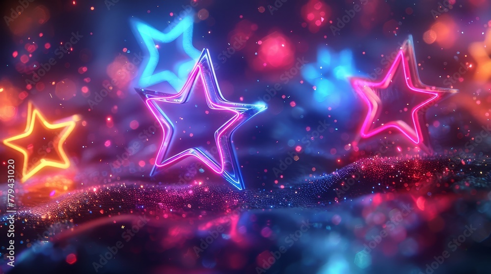 Poster a 3d render of glowing neon stars against a background of random color