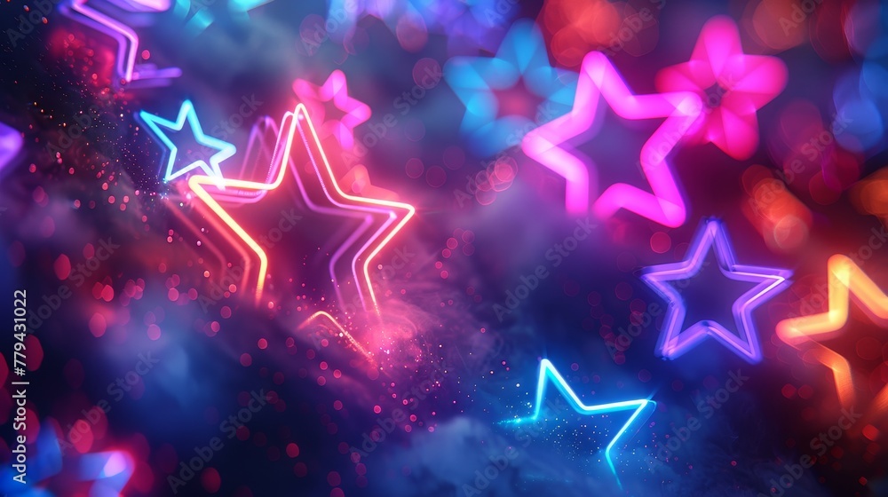 Poster a 3d render of glowing neon stars against a background of random color