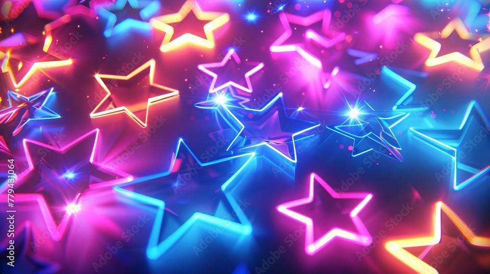 Aufkleber a 3d render of glowing neon stars against a background of random color