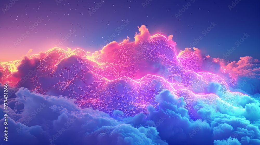 Aufkleber a colorful 3d render of a neon-lit cloud with geometric patterns