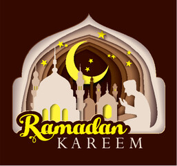 Paper art carving of Ramadan Kareem with mosque for the celebration of Muslim community festival. Vector illustration.
