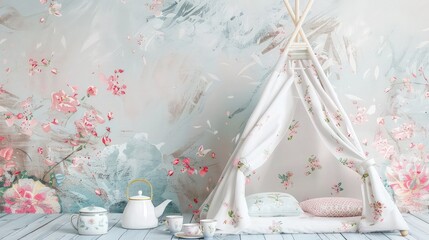 Decorate the baby room with adorable wall mockups featuring whimsical designs, while adding a touch of charm with a teapot centerpiece, creating a cozy and inviting space for your little one. 