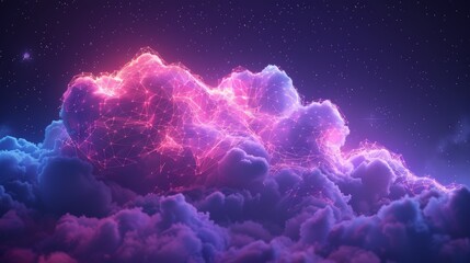 A dreamy 3D render of a neon cloud with geometric patterns, against a backdrop of celestial purple - obrazy, fototapety, plakaty
