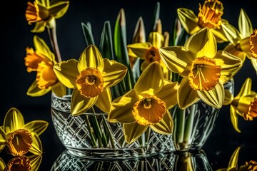 An incredibly detailed macro photo of a daffodil bouquet in a crystal vase 