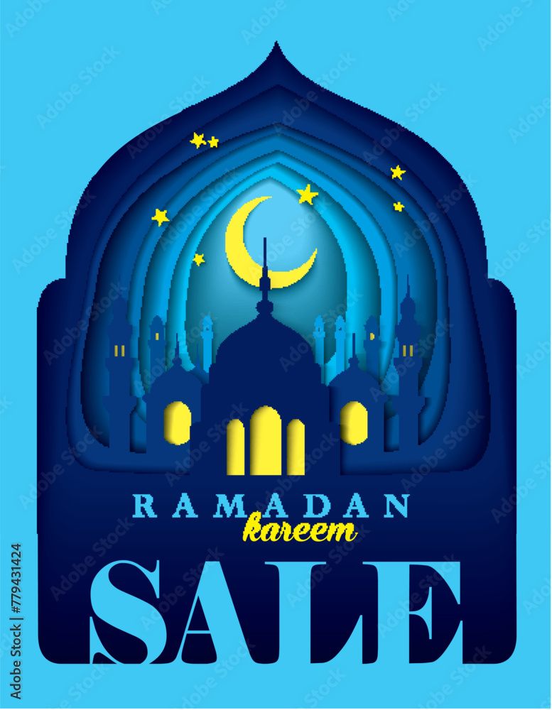 Poster paper art carving of ramadan kareem with mosque for the celebration of muslim community festival. ve