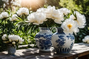 A close-up of a porcelain vase filled with white peonies sitting on a garden bench in the light.