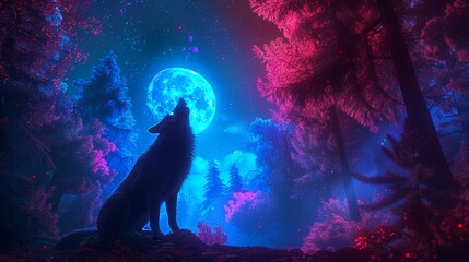 A glowing neon wolf howling at the moon in a mystical forest