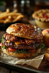A close-up, mouth-watering shot of a hamburger with all the fixings, golden fried chicken on a...