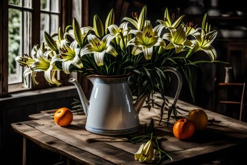 a photo of a farmhouse table with a bunch of lilies in a vintage enamelware pitcher  - obrazy, fototapety, plakaty
