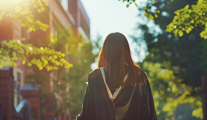 Woman walking down a sunlit street. The concept of graduation and achievements. - obrazy, fototapety, plakaty