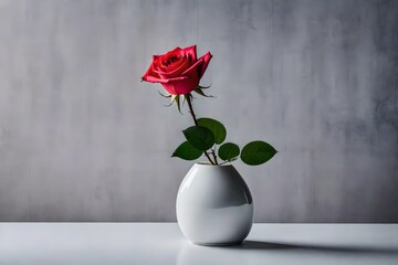A modern ceramic vase holds a solitary rose in a minimalist composition.