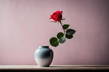 A minimalist composition featuring a single rose in a contemporary ceramic vase
