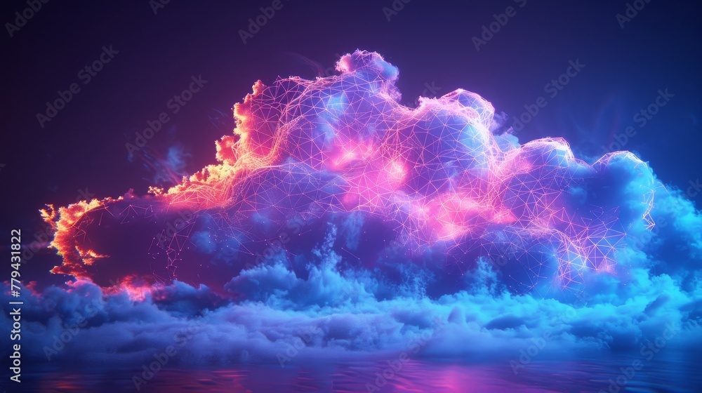 Poster a surreal 3d render of a neon-lit cloud with geometric patterns, against a backdrop of deep blue
