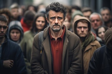 A European man, about 40 years old, standing on the street in a crowd, holding his stomach due to cramps - obrazy, fototapety, plakaty