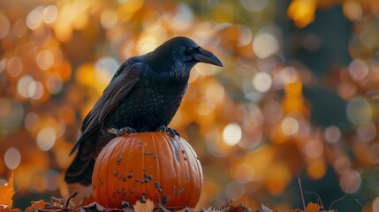 Naklejka premium Black raven sitting on an orange pumpkin against a bokeh backdrop of golden autumn leaves.