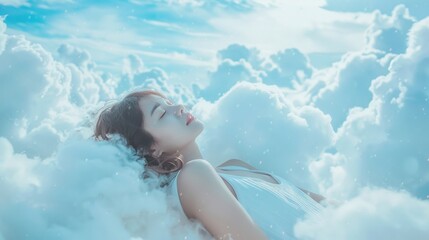 A serene woman lies dreaming amidst a dreamy cloudscape, evoking a sense of tranquility and escapism. - obrazy, fototapety, plakaty
