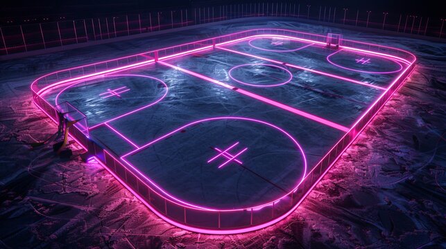 A stunning 3D render of glowing neon hockey rink on a black background