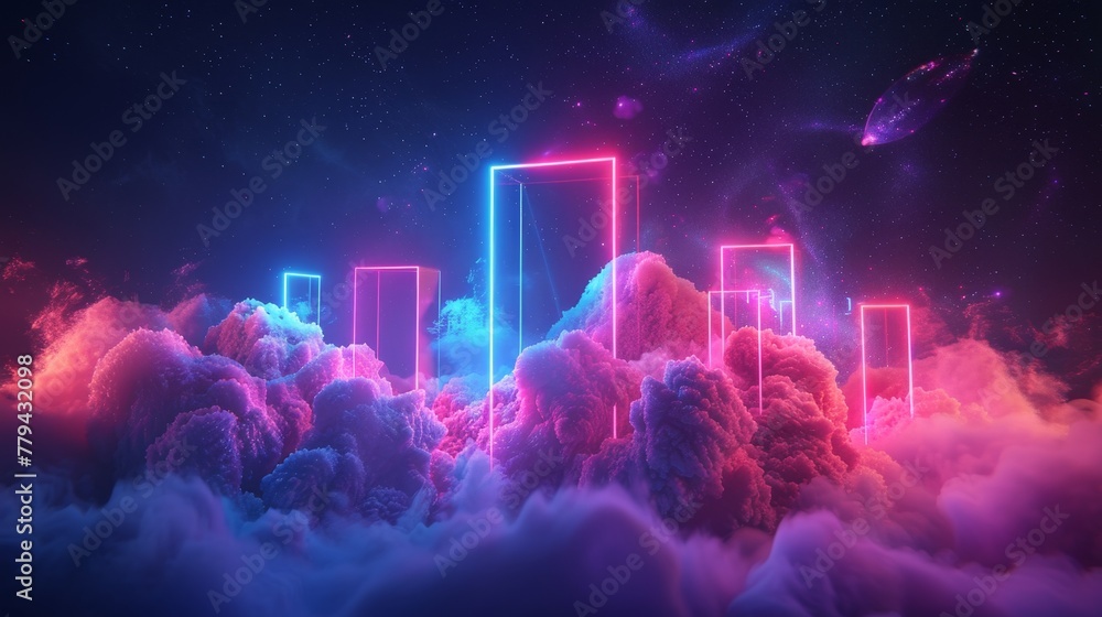 Poster an abstract 3d render of a neon cloud with geometric shapes