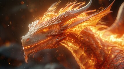 A fire dragon clad in flames. Mythical creature. Fictional world. - obrazy, fototapety, plakaty